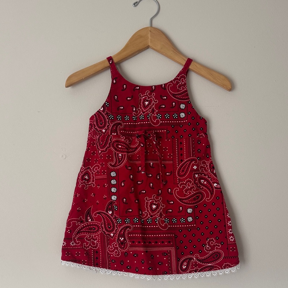 Vintage Little Lindsey Red Bandana Print Sundress with Lace Trim